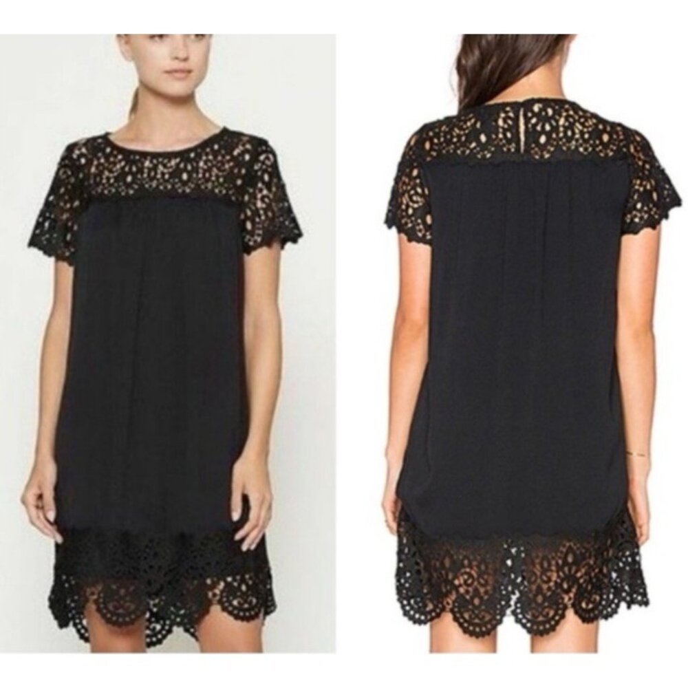 JOIE Shift Dress 10 Black Short Sleeve Lace Trim Shift Relaxed Fit Whimsigoth